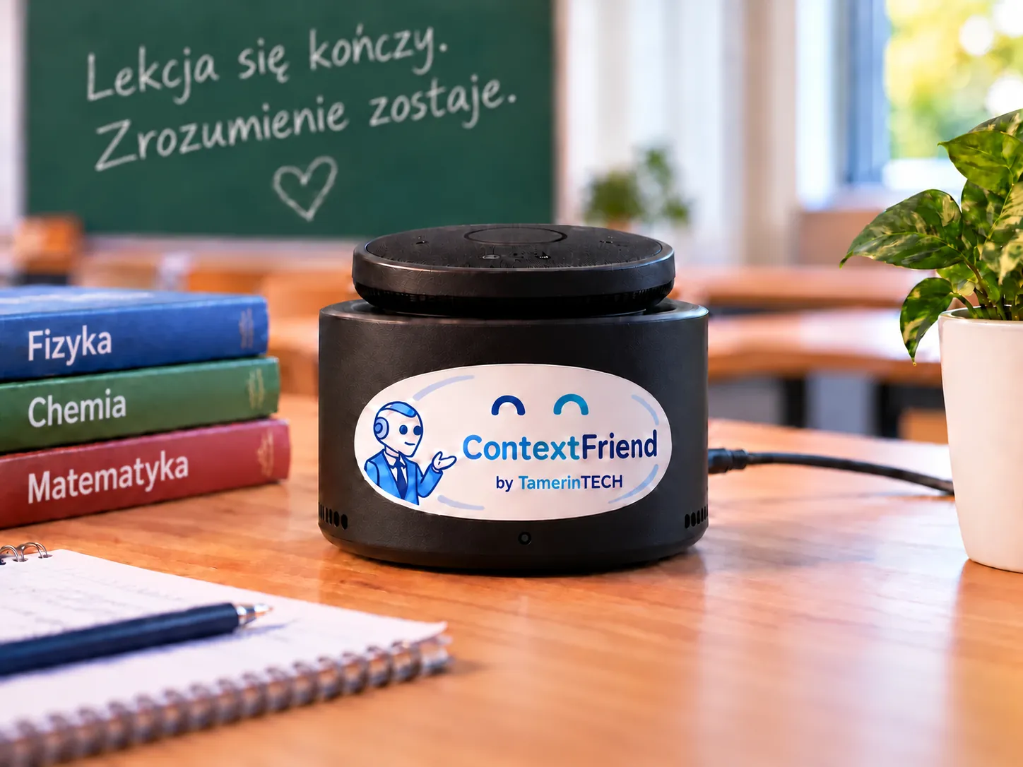 ContextFriend obok szkolnych podręczników: czarne cylindryczne urządzenie z okrągłym mikrofonem na górze, nadrukowaną owalną naklejką i bez świecących wskaźników.