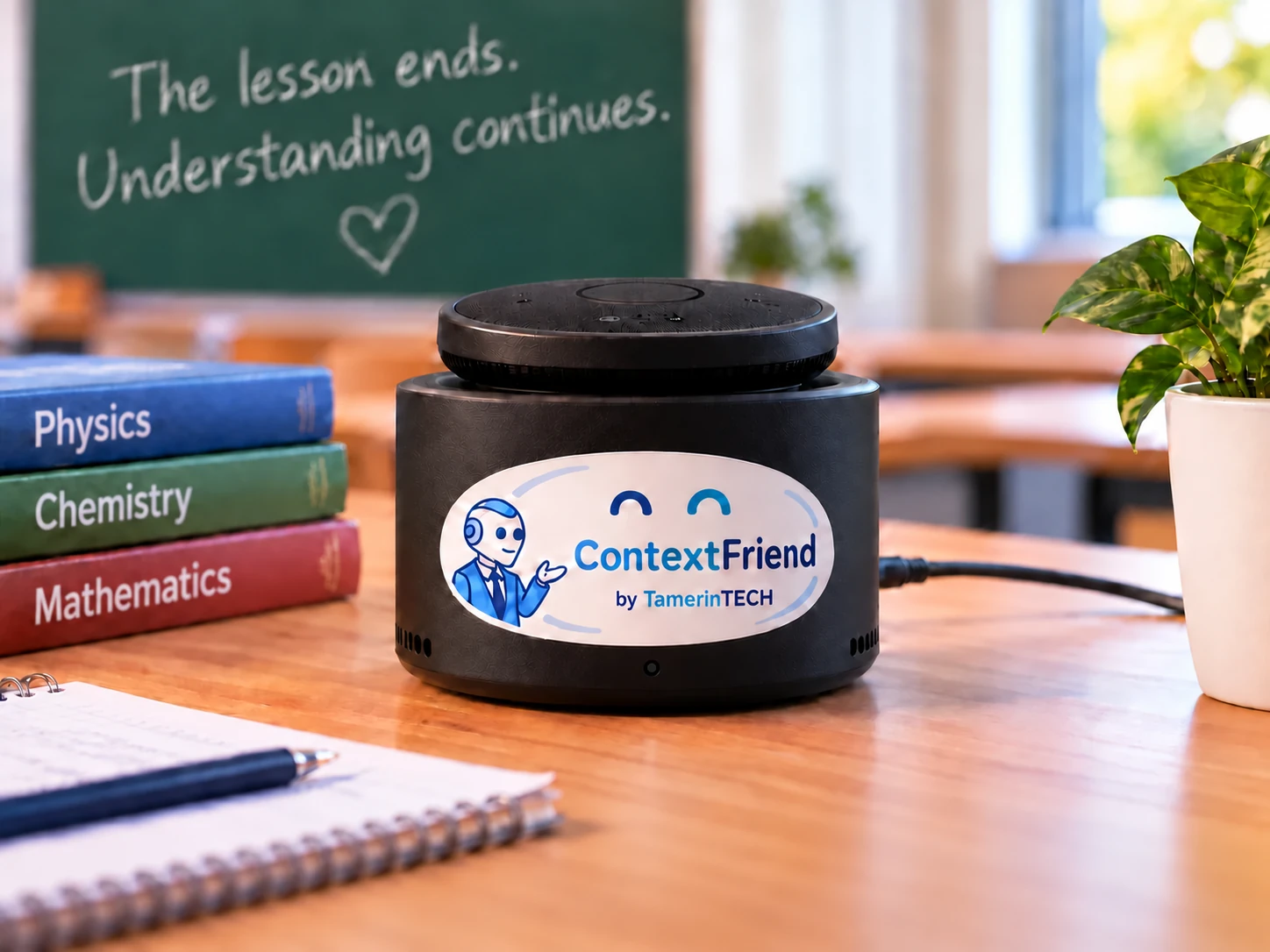ContextFriend beside school books: a black cylindrical device with a round microphone on top, a printed oval label and no illuminated indicators.