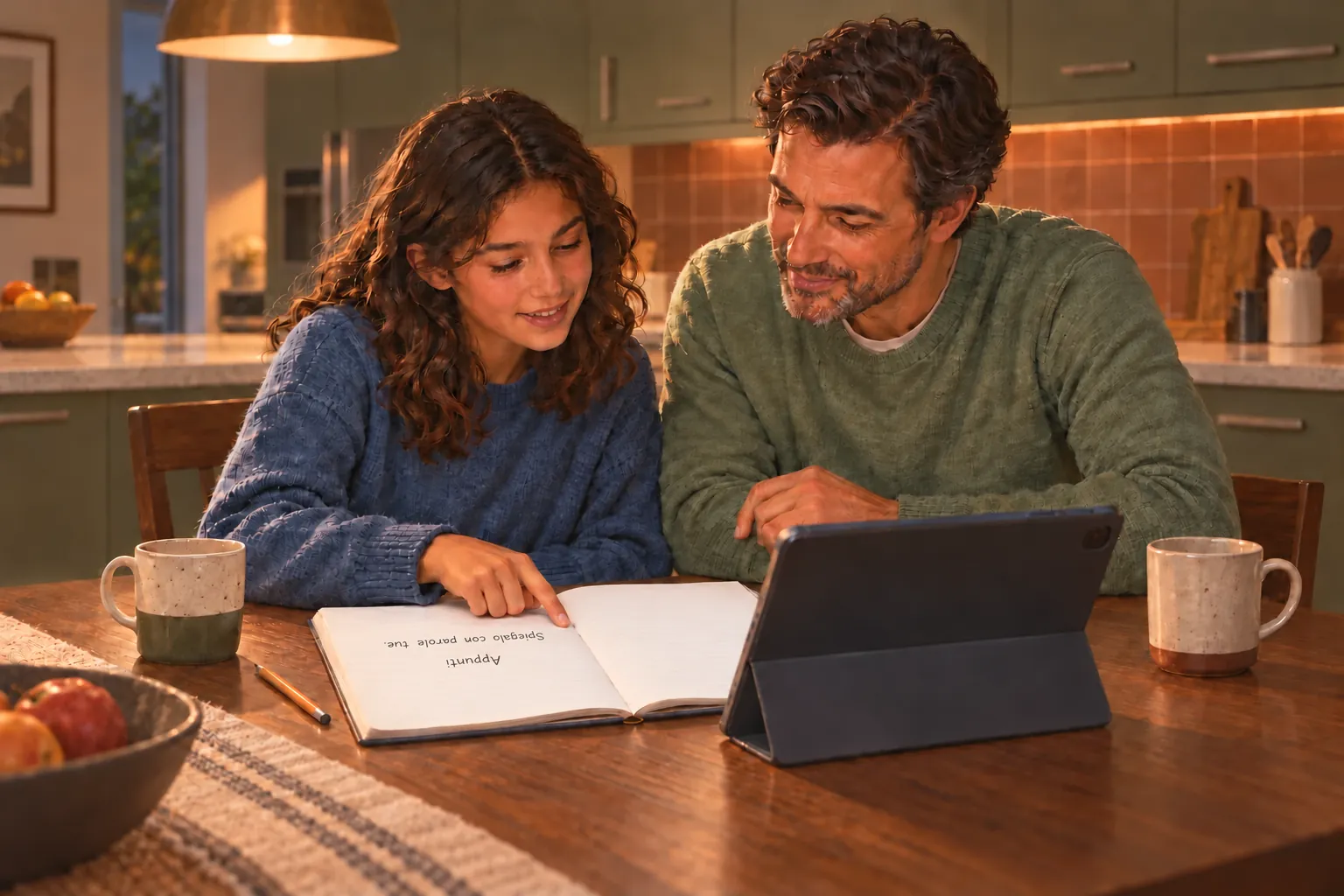 Un padre e sua figlia ripassano insieme gli appunti della lezione a un tavolo di noce, in una cucina verde oliva e terracotta, con un tablet rivolto verso di loro.