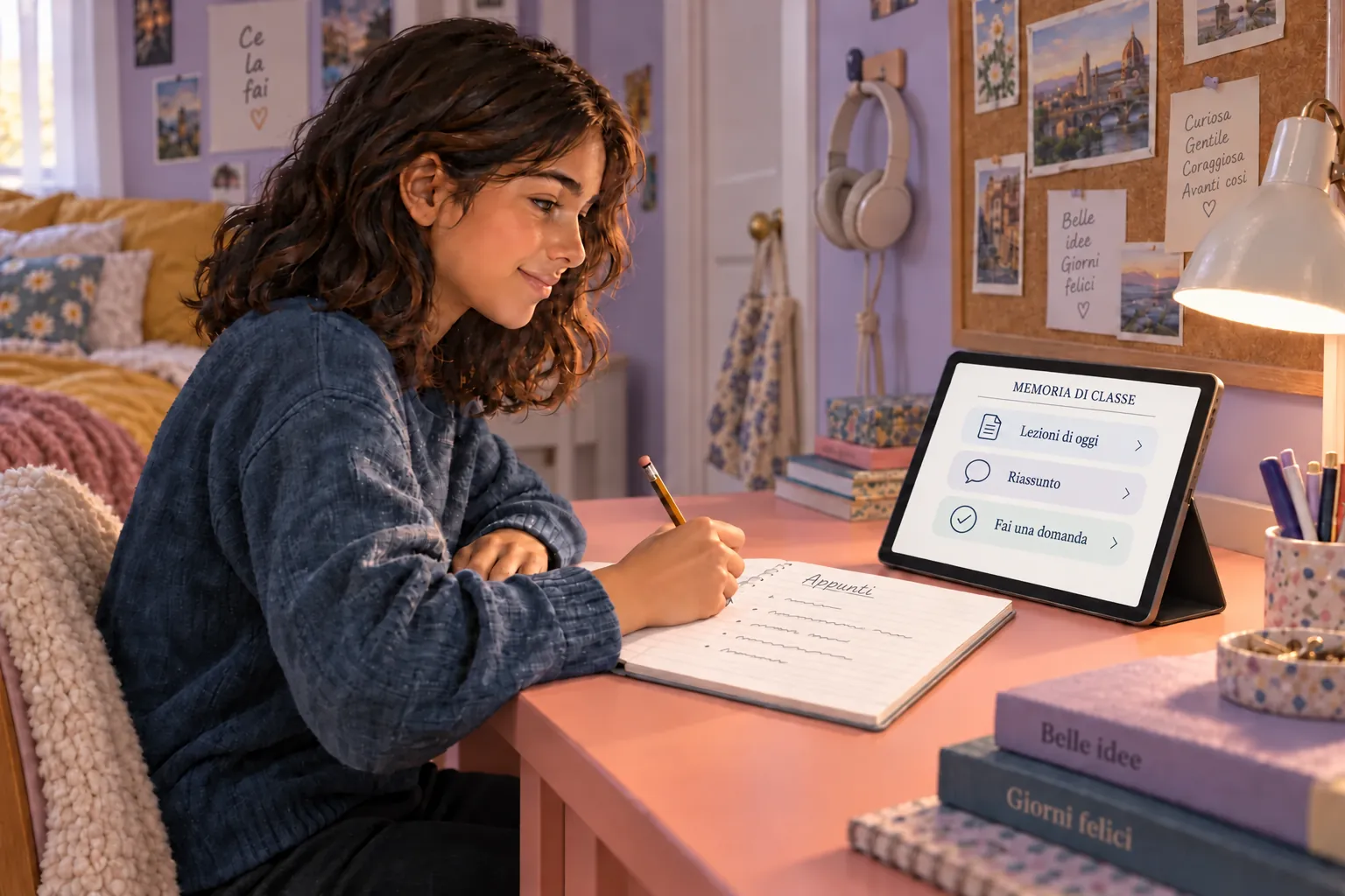 Una studentessa riprende la memoria della sua classe su un tablet, a una scrivania color corallo in una cameretta lilla. Il tablet è rivolto verso di lei e mostra “Memoria di classe” con le lezioni di oggi, un riassunto e “Fai una domanda”.