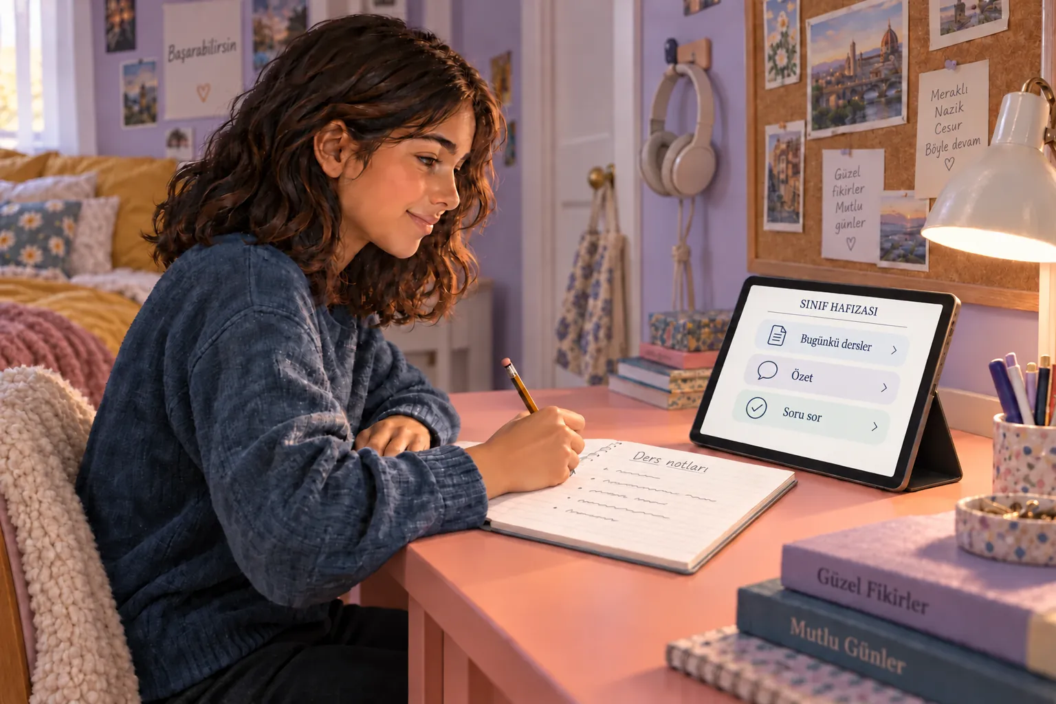 Bir öğrenci, lavanta rengi yatak odasında mercan rengi bir masada tabletinden sınıf hafızasına yeniden bakıyor. Tablet ona dönük; ekranda ders özetleri ve sorular görünüyor.