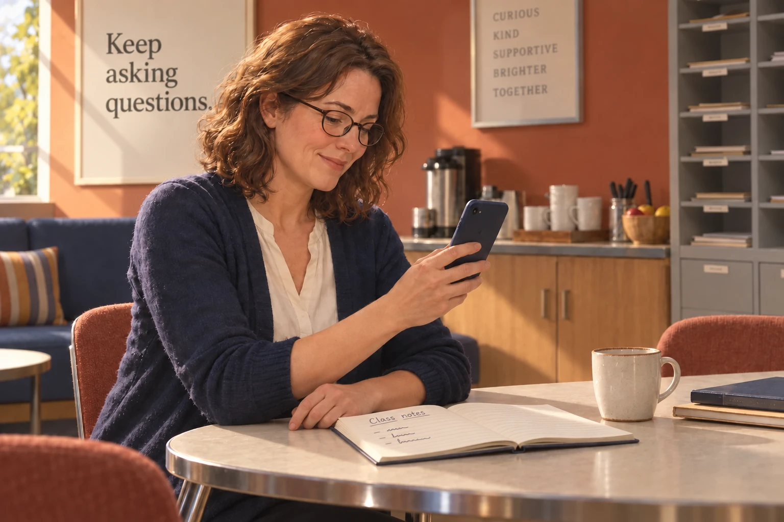 The teacher reads her phone in a terracotta staff lounge with navy seating. The screen faces her, with its back toward the viewer.