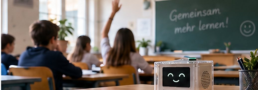 A classroom seen from the back: pupils at desks facing a teacher at the blackboard, with a ContextFriend box on the desk in the foreground.
