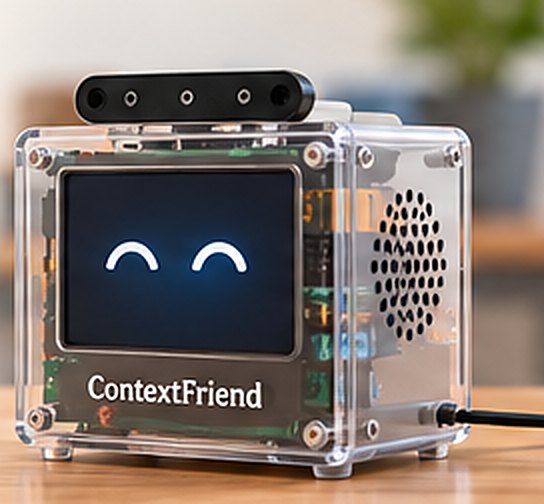 A small clear-cased ContextFriend box on a wooden classroom desk. A screen on the front shows two friendly closed eyes; a microphone array sits on top and a cable runs out of the back.